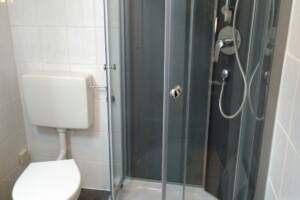 Das WC ist mit Spülstopp, die Dusche wurde 2022 erneuert. Badezimmer Toilette und Duschkabine.